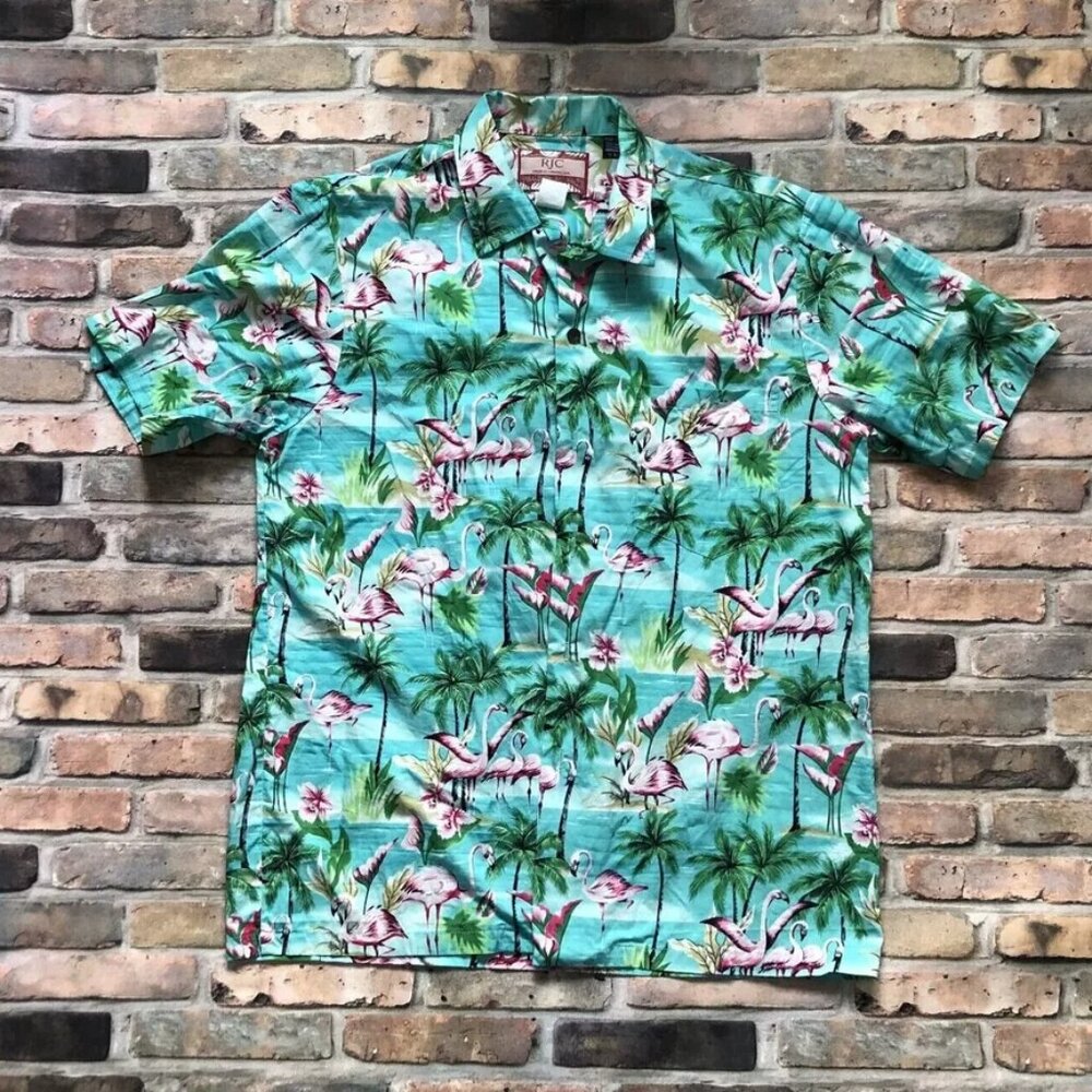 Vintage RJC Hawaiian Shirt Men Size Large L Made in USA Hawaii Flamingo Teal